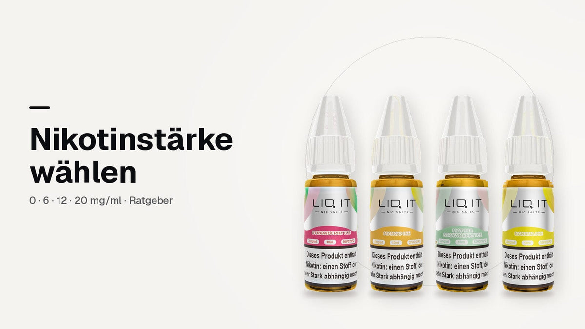 Nikotinstärke wählen: vier LIQIT Nikotinsalz-Liquids, erhältlich in 0, 6, 12 und 20 mg/ml