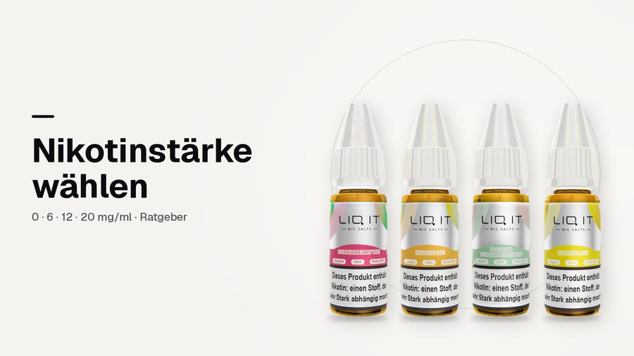 Nikotinstärke wählen: vier LIQIT Nikotinsalz-Liquids, erhältlich in 0, 6, 12 und 20 mg/ml