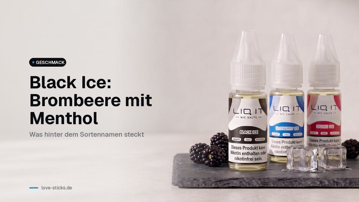 Black Ice Geschmack: LIQ IT Black Ice mit Blueberry Ice und Lychee Ice, dazu Brombeeren und Eiswürfel