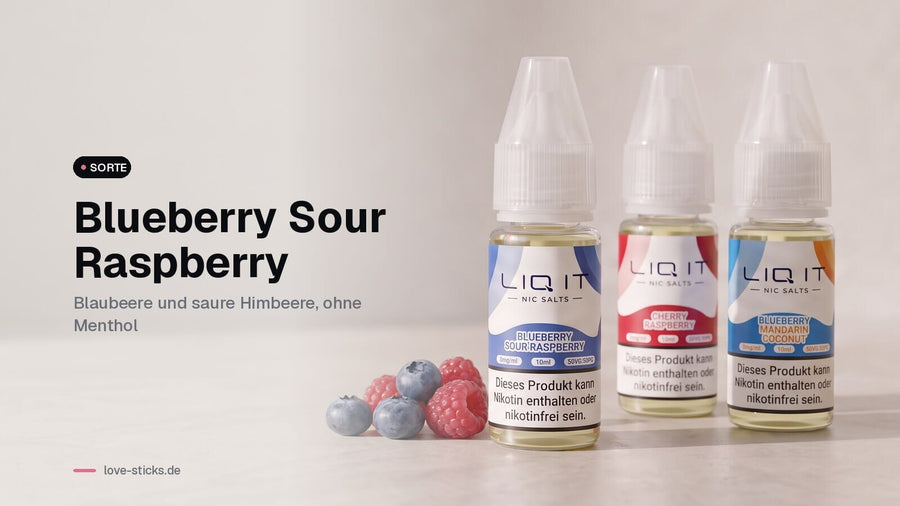 LIQ IT Blueberry Sour Raspberry mit Cherry Raspberry und Blueberry Mandarin Coconut, dazu Beeren