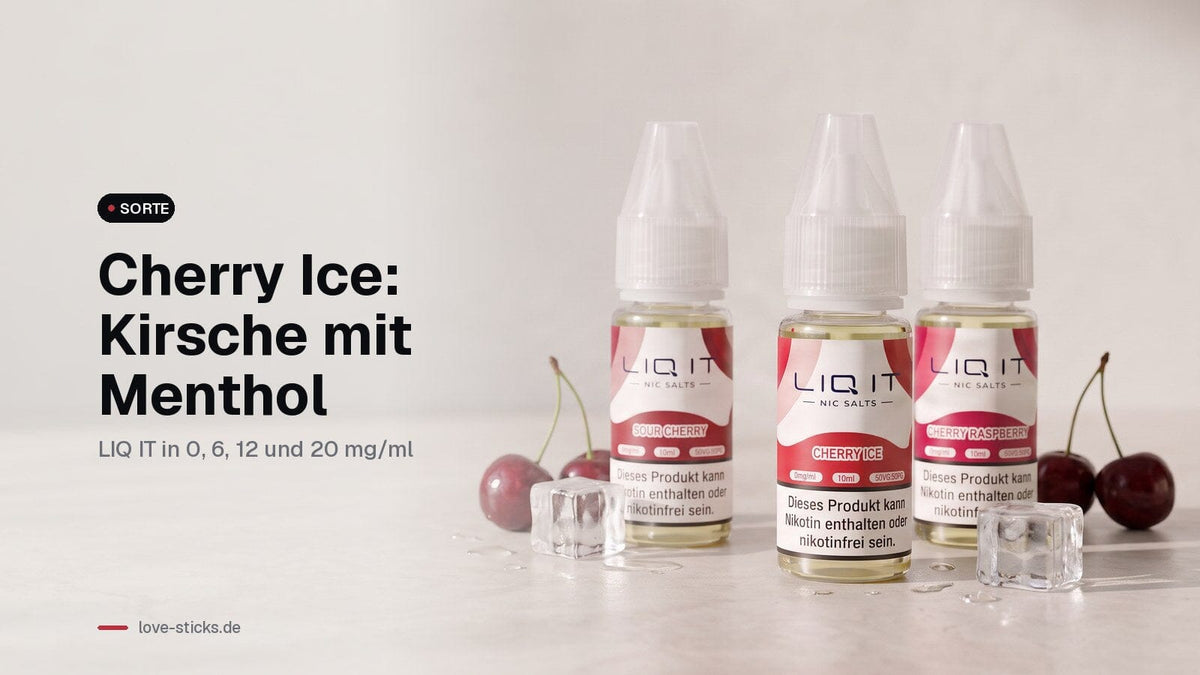Cherry Ice Liquid: LIQ IT Cherry Ice mit Sour Cherry und Cherry Raspberry, dazu Kirschen und Eiswürfel