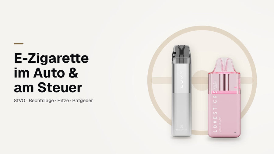 E-Zigarette im Auto: LUVX Velora Pink und LUVX Pod Kit Silver vor stilisiertem Lenkrad