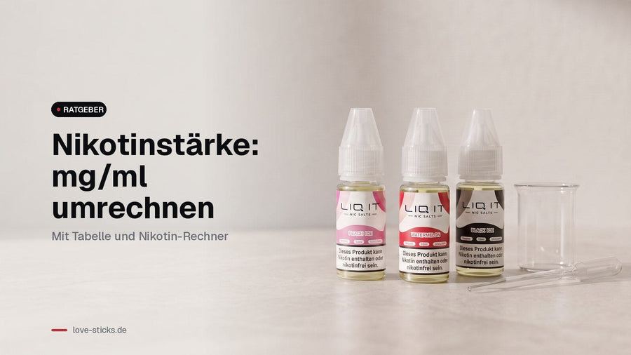 Nikotinstärke mg/ml umrechnen: LIQ IT 10-ml-Liquids Peach Ice, Watermelon und Black Ice neben Messbecher und Pipette