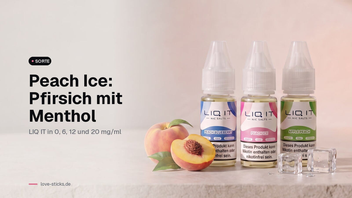 Peach Ice Liquid: LIQ IT Peach Ice mit Peach Blueberry und Apple Peach, dazu Pfirsiche und Eiswürfel