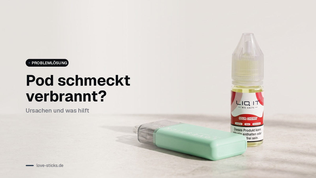 Pod schmeckt verbrannt: LUVX Velora mit 10-ml-Pod neben einer LIQ IT Flasche