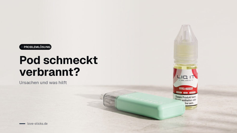 Pod schmeckt verbrannt: LUVX Velora mit 10-ml-Pod neben einer LIQ IT Flasche