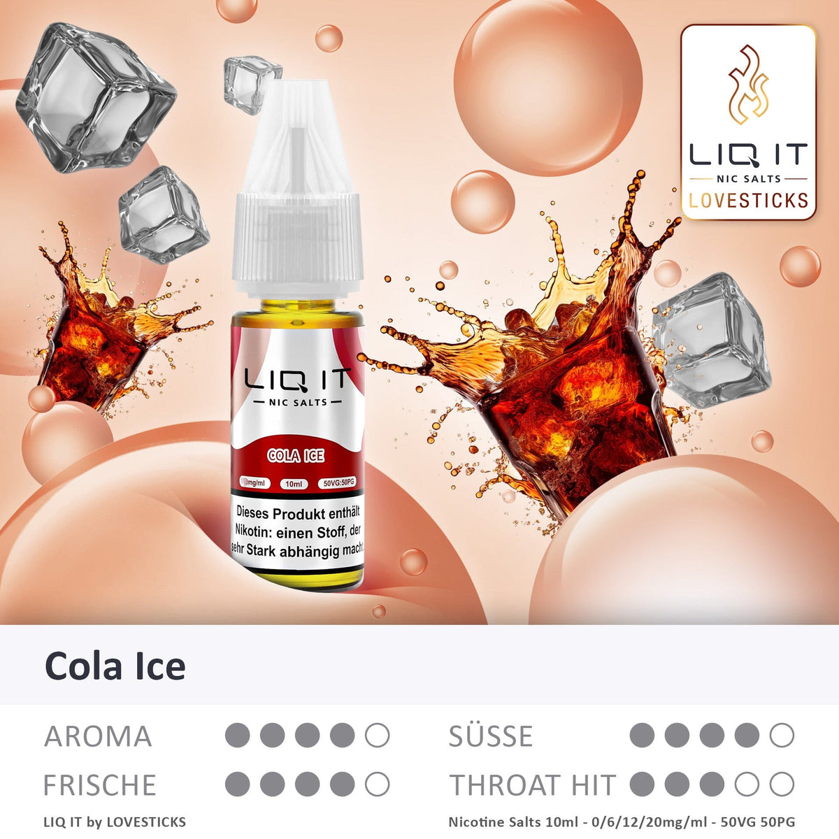 LIQIT Cola Ice Liquid 20 mg, 10-ml-Flasche mit Aromaprofil (Aroma, Süße, Frische, Throat Hit)