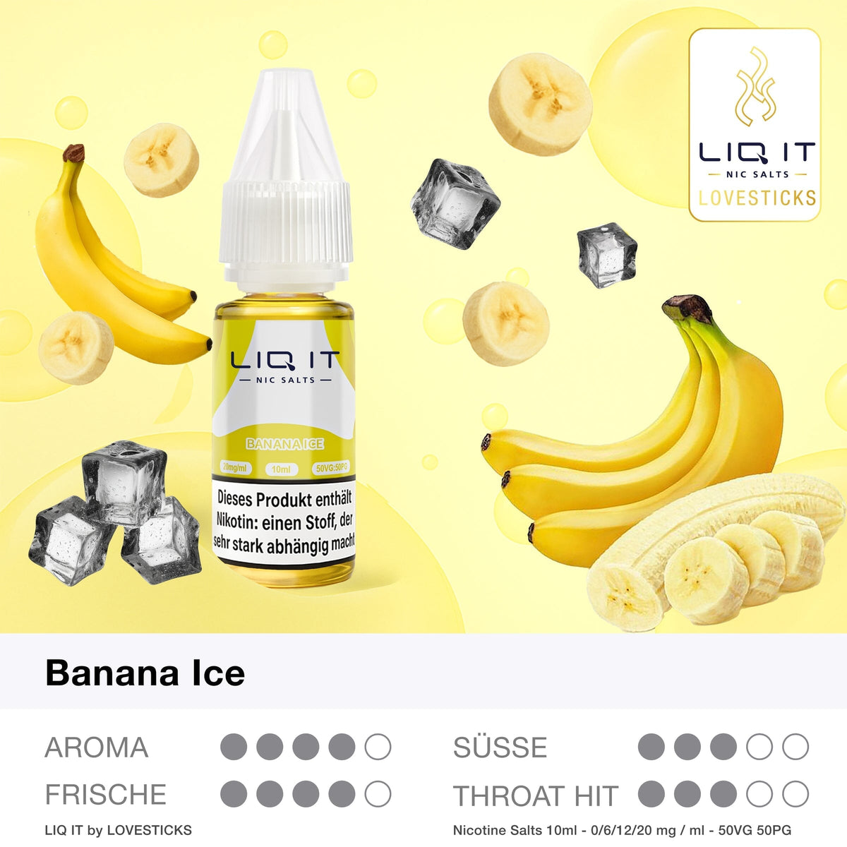 LIQ IT Banana Ice Liquid, 10-ml-Flasche mit Aromaprofil (Aroma, Süße, Frische, Throat Hit)