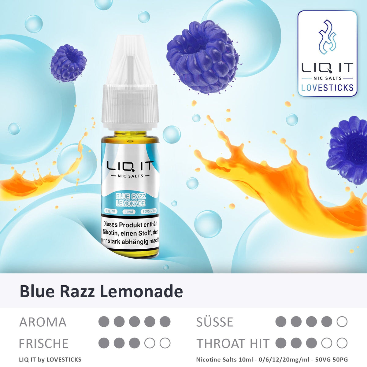 LIQIT Blue Razz Lemonade Liquid, 10-ml-Flasche mit Aromaprofil (Aroma, Süße, Frische, Throat Hit)