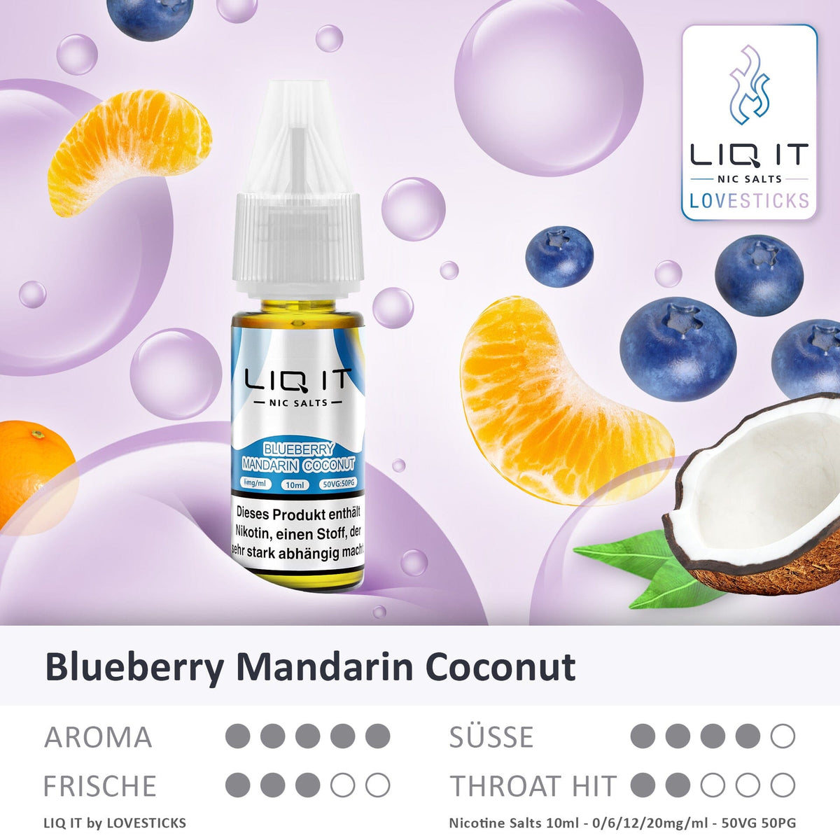 LIQ IT Blueberry Mandarin Coconut Liquid, 10-ml-Flasche mit Aromaprofil (Aroma, Süße, Frische, Throat Hit)