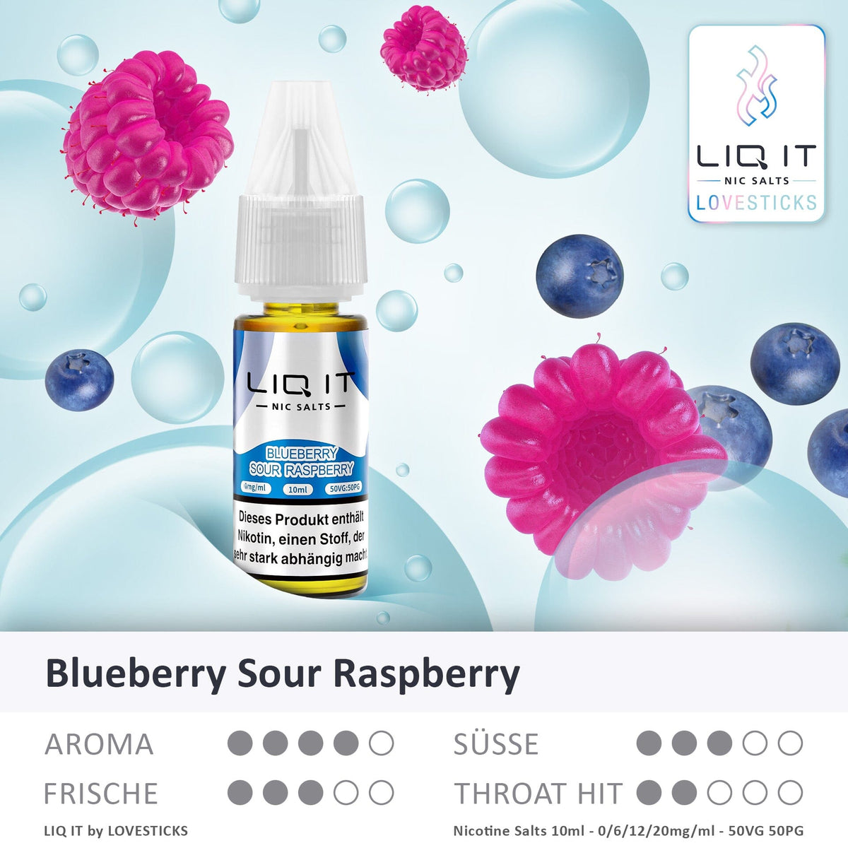 LIQ IT Blueberry Sour Raspberry Liquid, 10-ml-Flasche mit Aromaprofil (Aroma, Süße, Frische, Throat Hit)