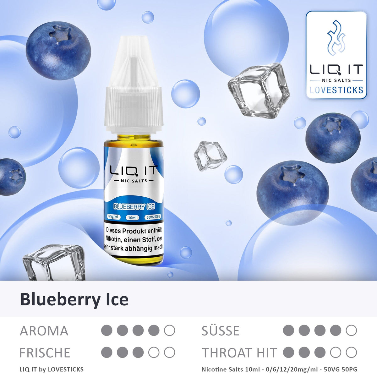 LIQIT Blueberry Ice Liquid, 10-ml-Flasche mit Aromaprofil (Aroma, Süße, Frische, Throat Hit)