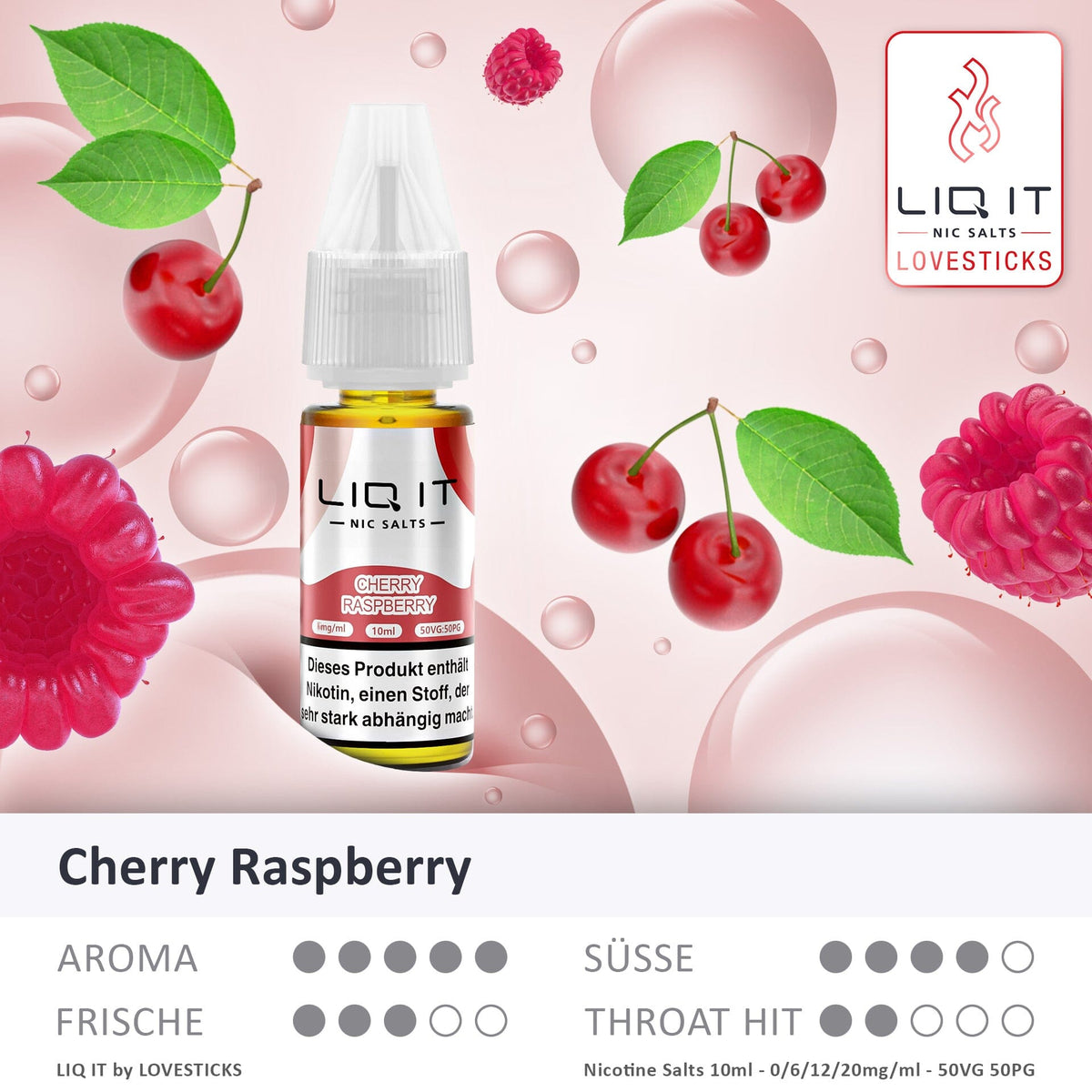 LIQIT Cherry Raspberry Liquid, 10-ml-Flasche mit Aromaprofil (Aroma, Süße, Frische, Throat Hit)