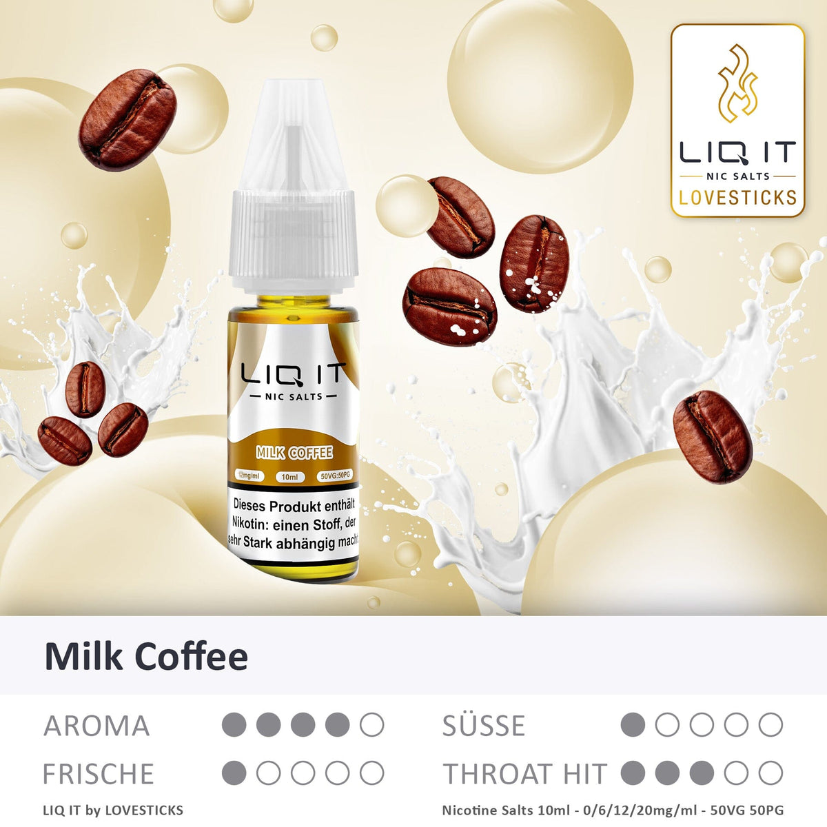 LIQ IT Milk Coffee Liquid 20 mg, 10-ml-Flasche mit Aromaprofil (Aroma, Süße, Frische, Throat Hit)