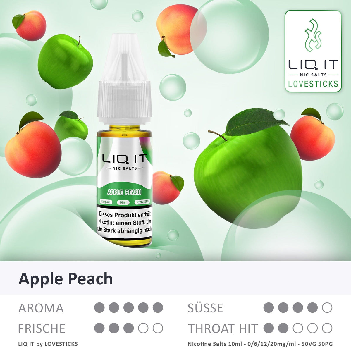 LIQ IT Apple Peach Liquid 12 mg, 10-ml-Flasche mit Aromaprofil (Aroma, Süße, Frische, Throat Hit)
