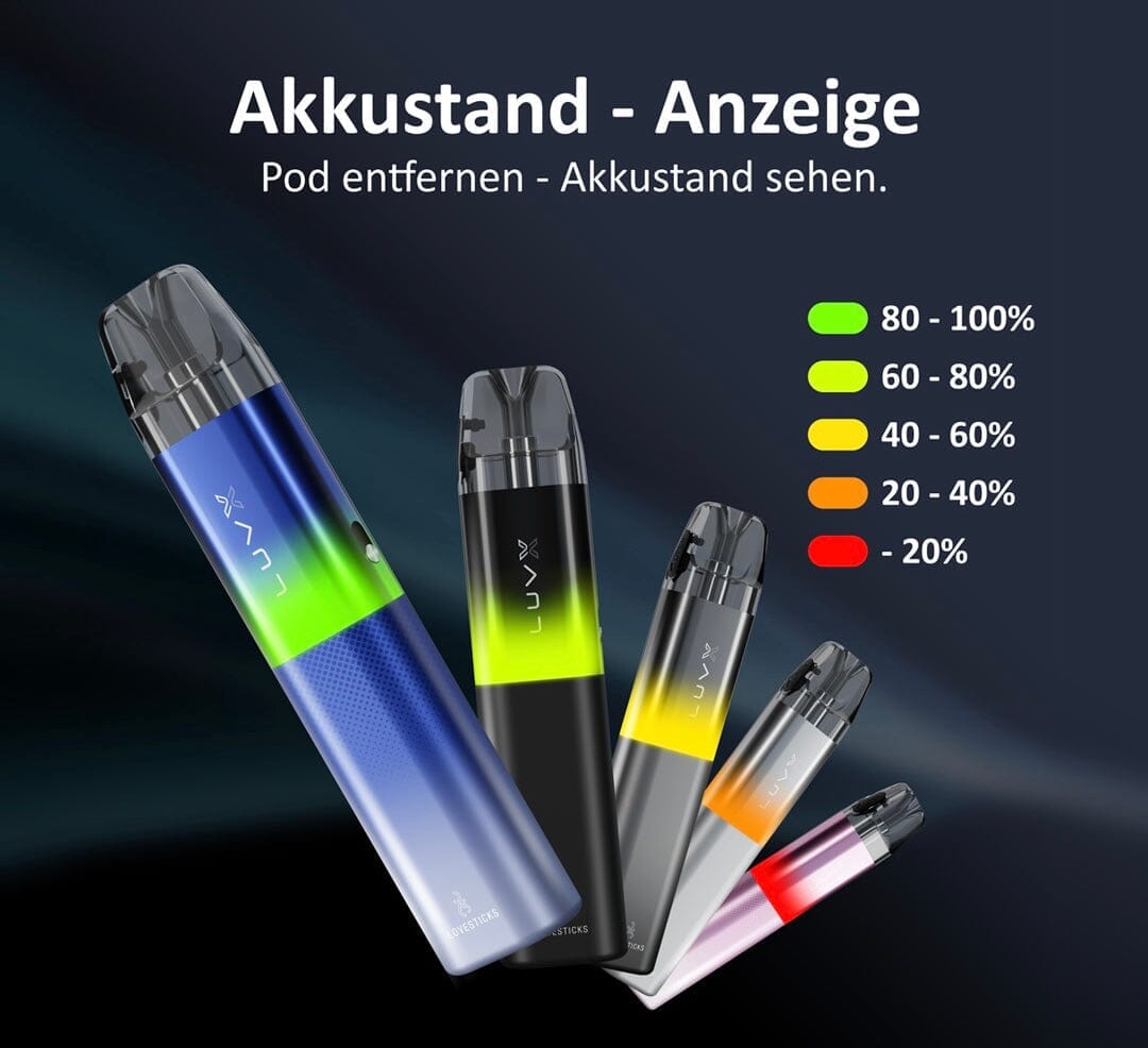 LUVX Pod Kit 1000 mAh, Grafik zur Akkustand-Anzeige in fünf Farbstufen