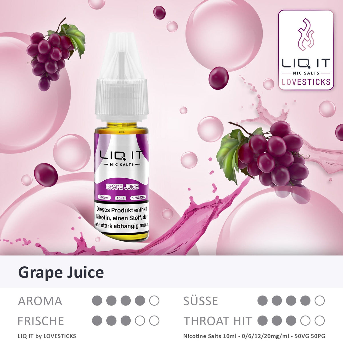 LIQIT Grape Juice Liquid, 10-ml-Flasche mit Aromaprofil (Aroma, Süße, Frische, Throat Hit)