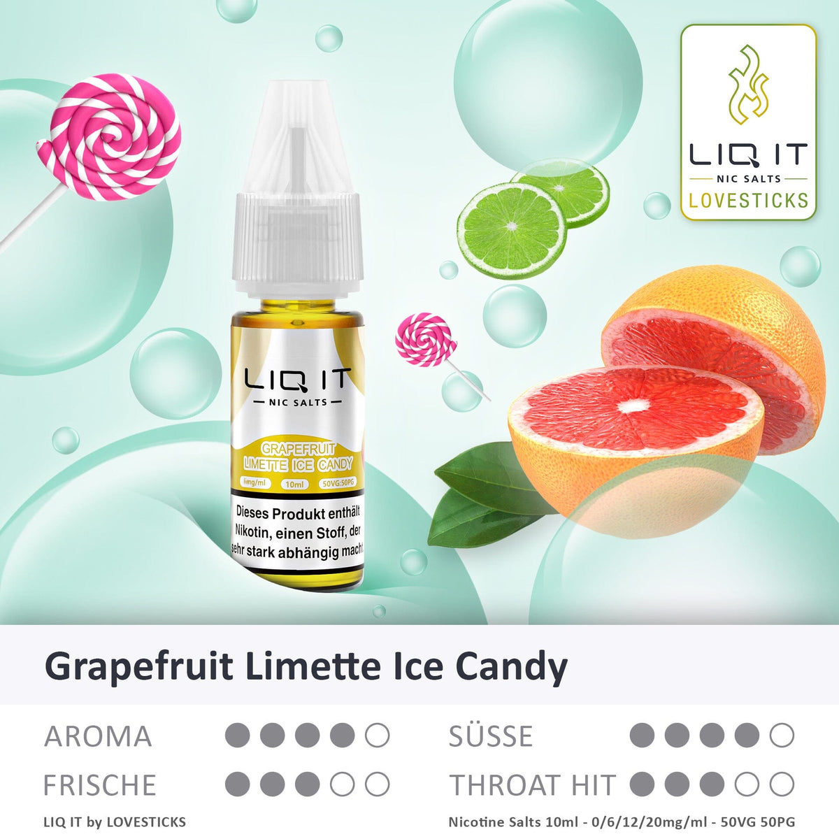 LIQIT Grapefruit Limette Ice Candy Liquid, 10-ml-Flasche mit Aromaprofil (Aroma, Süße, Frische, Throat Hit)