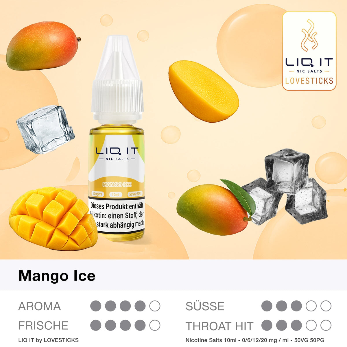 LIQ IT Mango Ice Liquid, 10-ml-Flasche mit Aromaprofil (Aroma, Süße, Frische, Throat Hit)