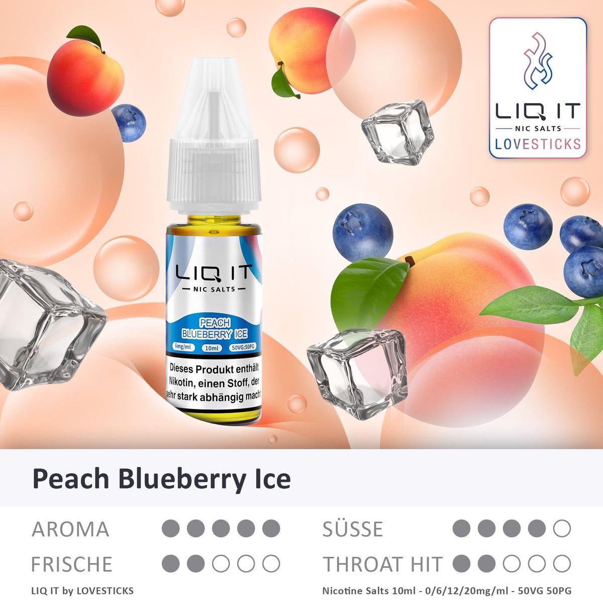 LIQ IT Peach Blueberry Ice Liquid, 10-ml-Flasche mit Aromaprofil (Aroma, Süße, Frische, Throat Hit)