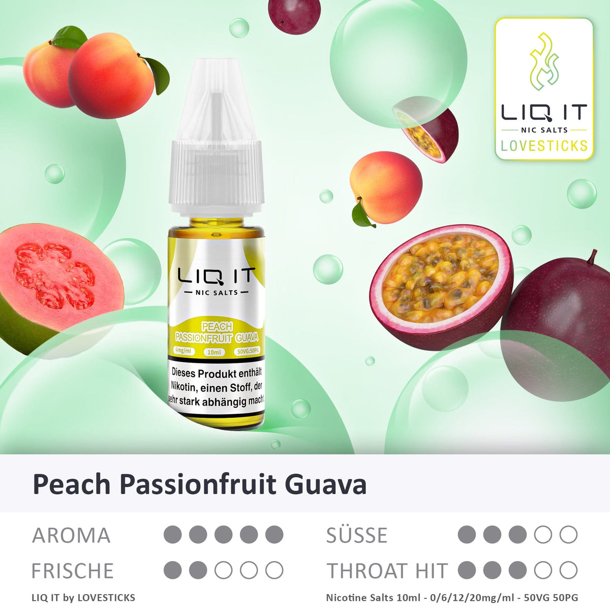 LIQ IT Peach Passionfruit Guava Liquid, 10-ml-Flasche mit Aromaprofil (Aroma, Süße, Frische, Throat Hit)