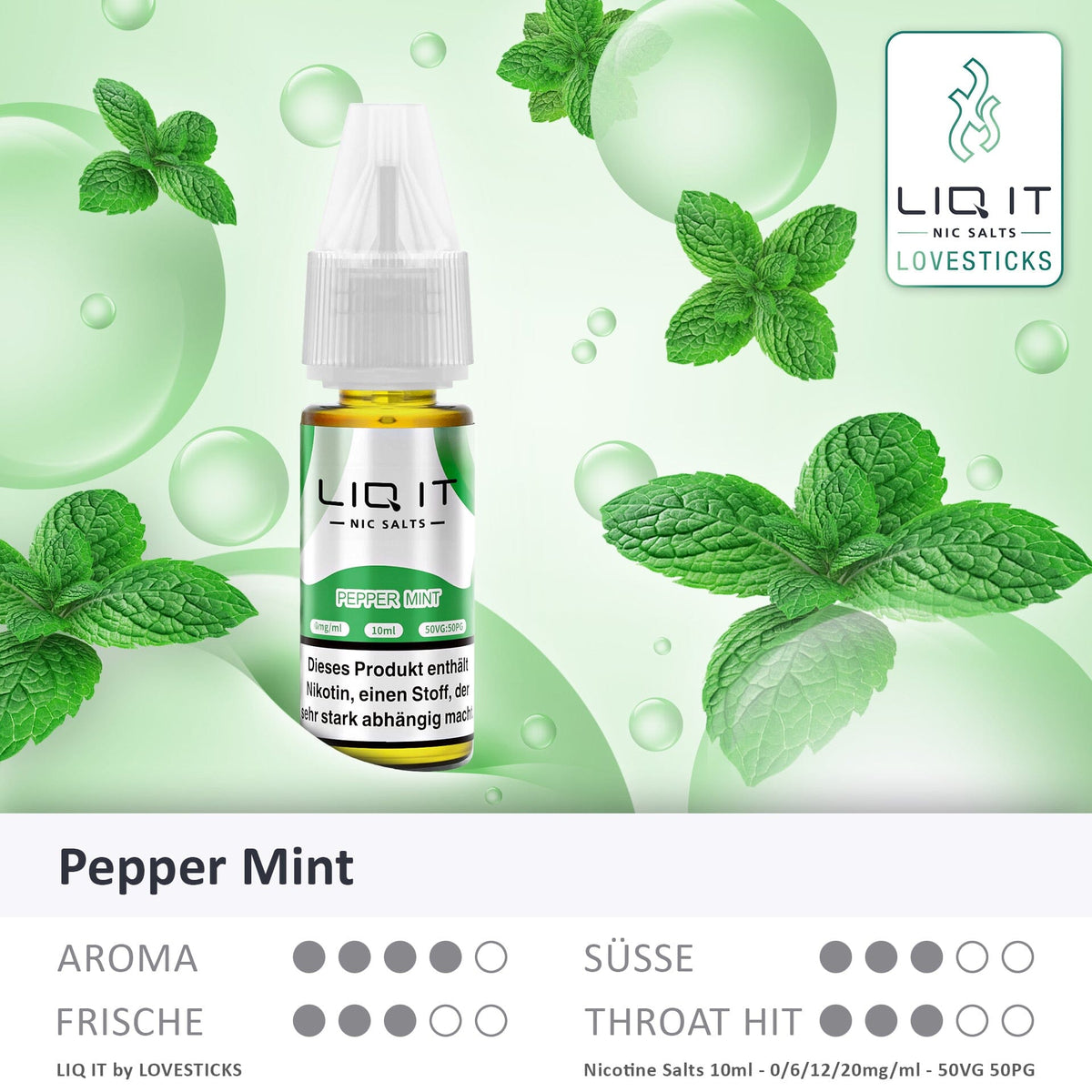 LIQIT Pepper Mint Liquid, 10-ml-Flasche mit Aromaprofil (Aroma, Süße, Frische, Throat Hit)