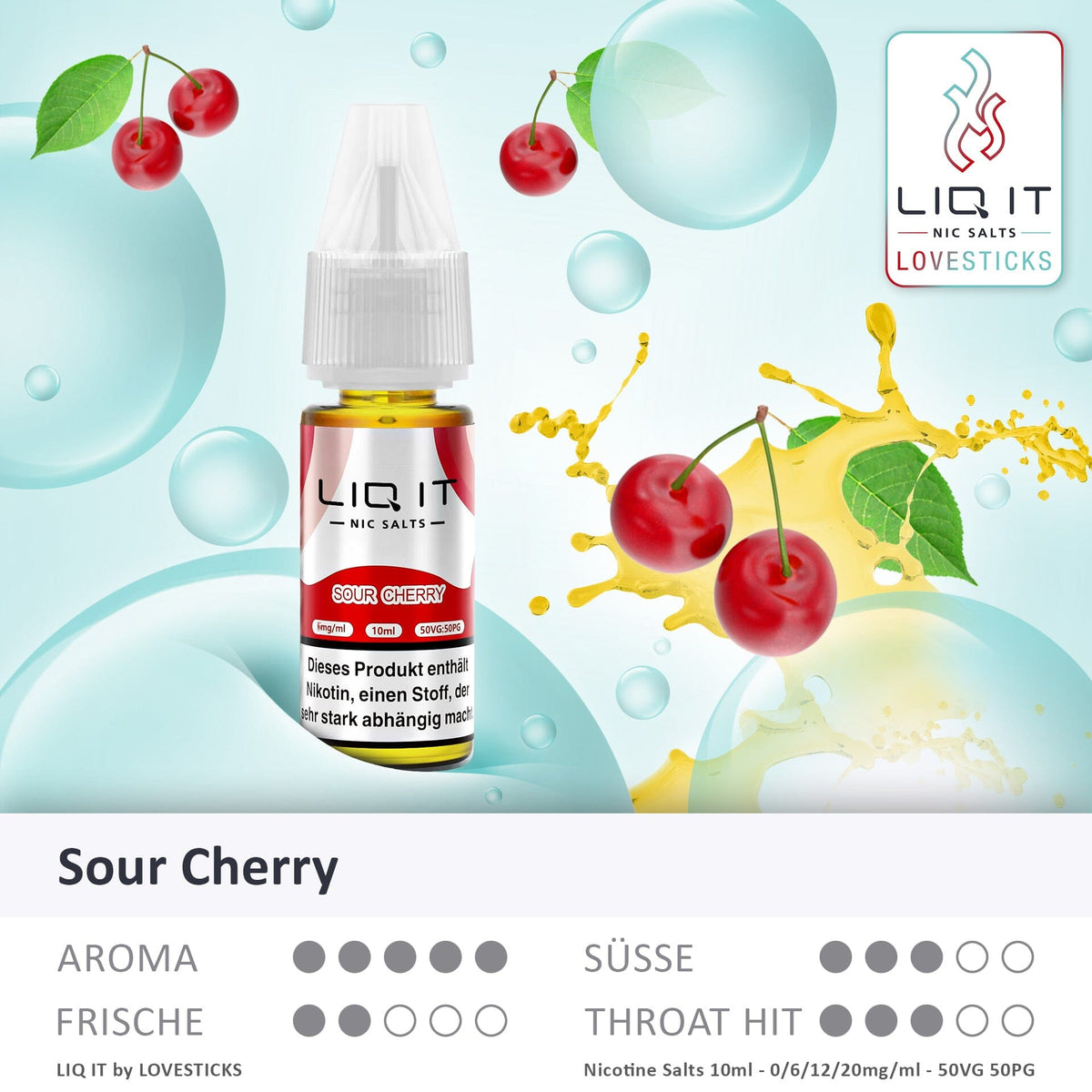 LIQ IT Sour Cherry Liquid, 10-ml-Flasche mit Aromaprofil (Aroma, Süße, Frische, Throat Hit)