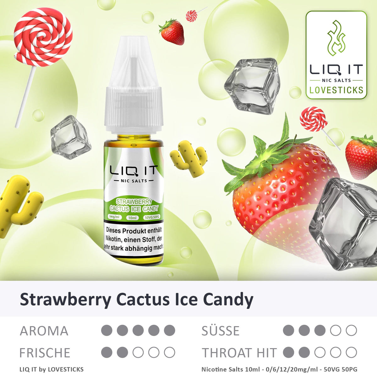 LIQIT Strawberry Cactus Ice Candy Liquid, 10-ml-Flasche mit Aromaprofil (Aroma, Süße, Frische, Throat Hit)