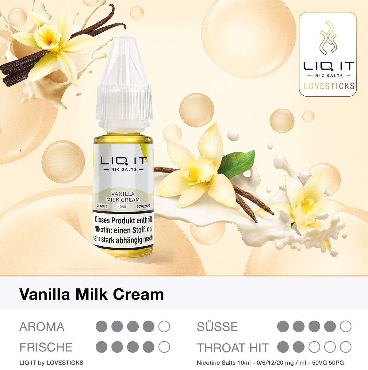 LIQ IT Vanilla Milk Cream Liquid, 10-ml-Flasche mit Aromaprofil (Aroma, Süße, Frische, Throat Hit)
