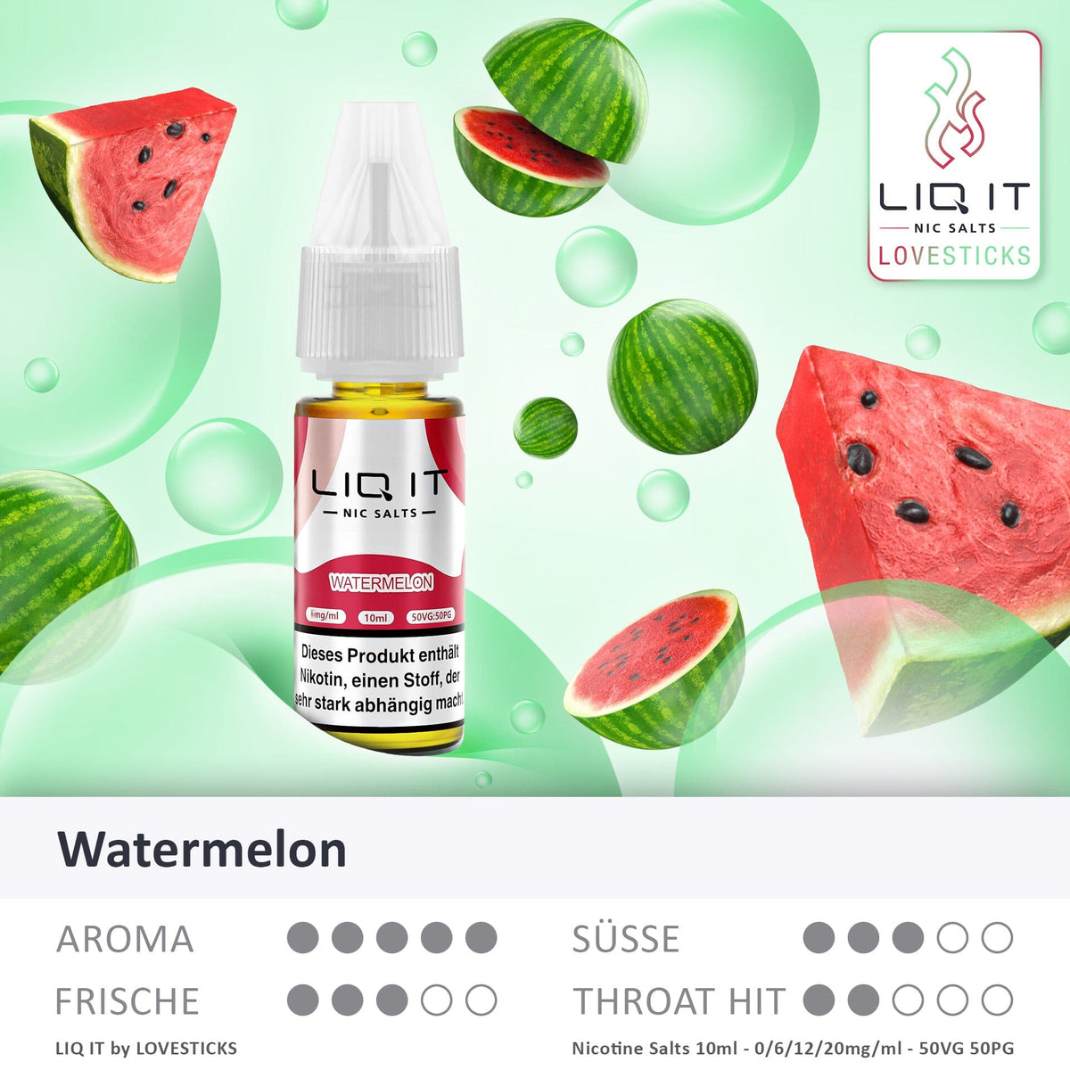 LIQIT Watermelon Liquid, 10-ml-Flasche mit Aromaprofil (Aroma, Süße, Frische, Throat Hit)